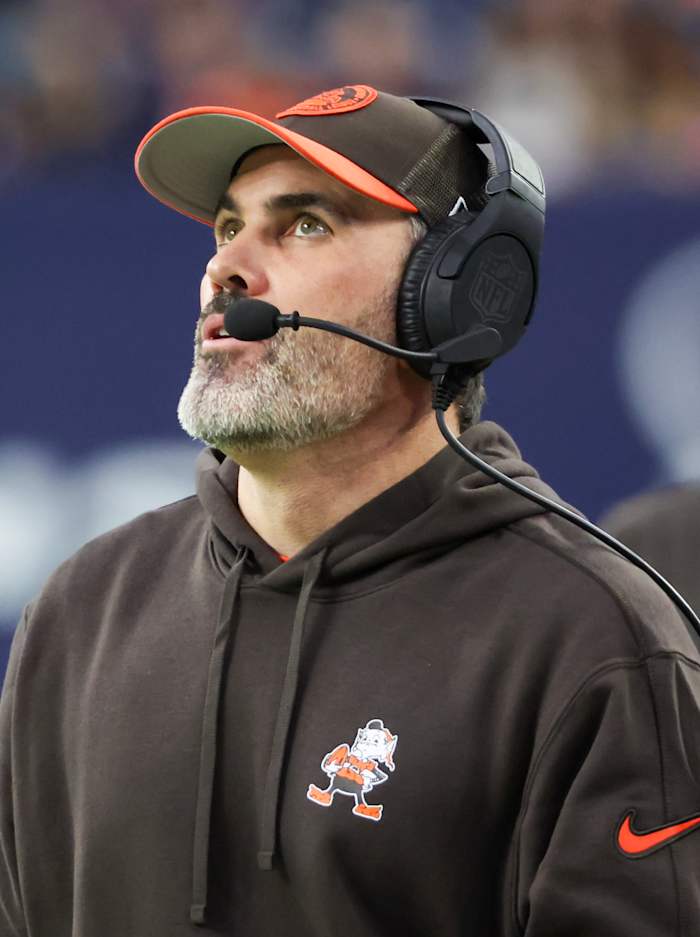 Dec 24, 2023; Houston, Texas, USA; Cleveland Browns head coach Kevin Stefanski looks at the clock as the Browns play the Houston Texans in the second quarter at NRG Stadium.